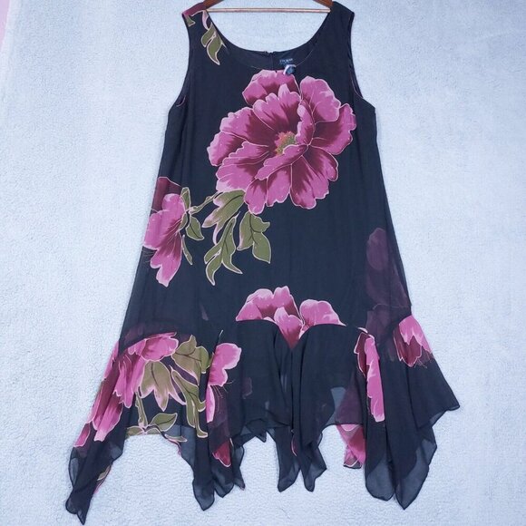 Eva Blue Dress Women 28 Black Floral Chiffon Beaded Asymmetrical Y2K Vintage NWT - Picture 1 of 14
